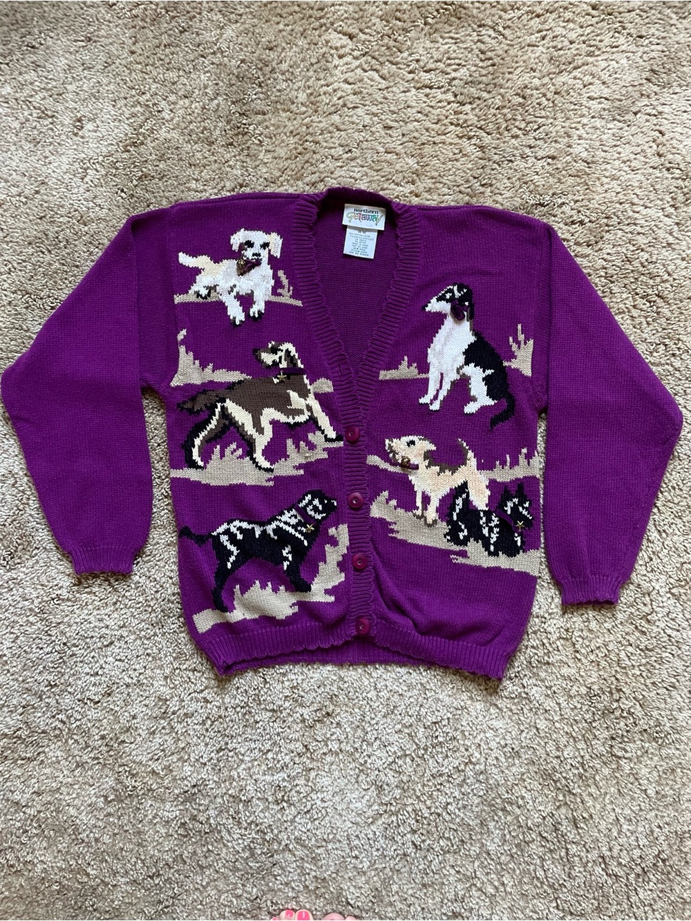 VINTAGE Northern Getaway Girls Size Medium 90s Purple Kids Dogs Cardigan Fall